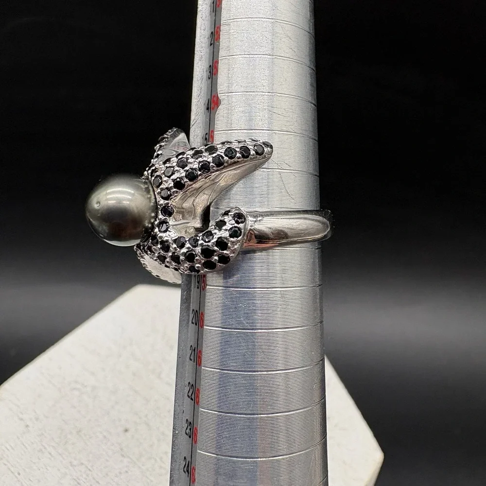 Ww Starfish Ring Women 7.5 Silver Excellent Black Spinel Pearl Statement 925